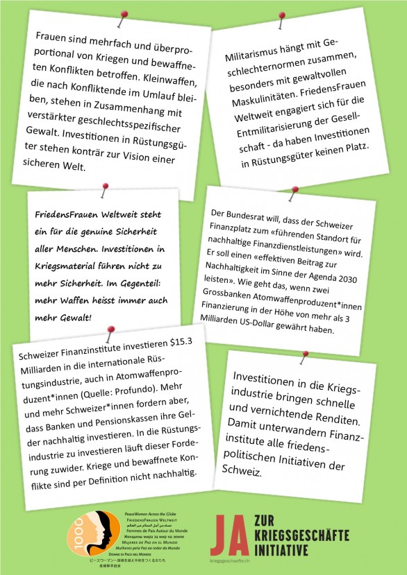 Eine Grafik mit 6 Post-its zeigt die Argumente für ein JA zur Kriegsgeschäfte-Initiative